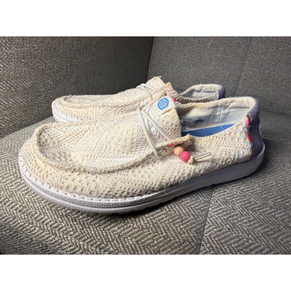 Hey Dude Wendy Boho Crochet White Lace Slip On Loafers Shoes